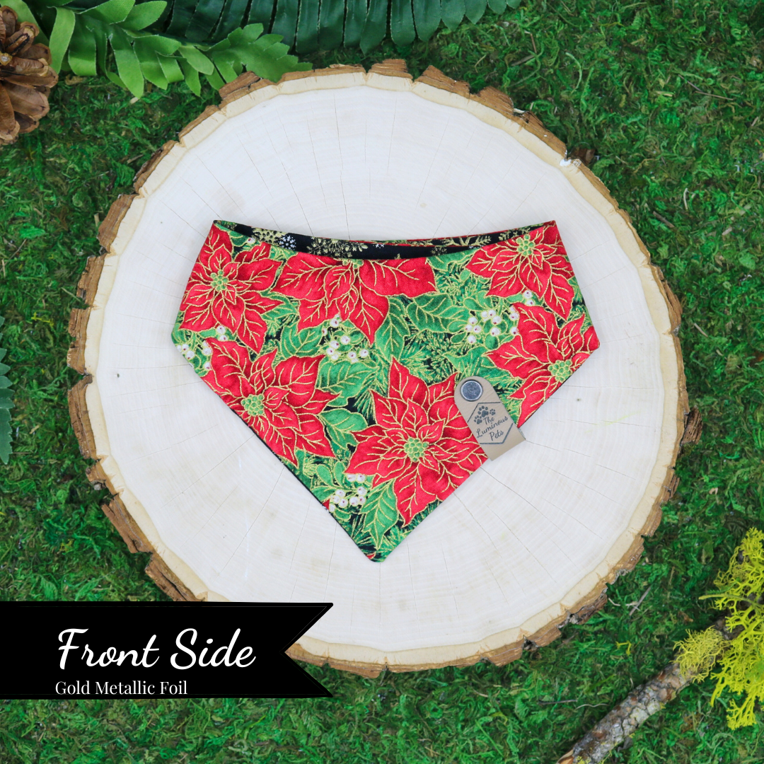 Reversible snap on pet bandanas by The Luminous Pets _ winter poinsettias and golden snowflakes