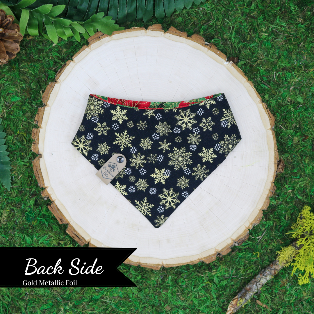 Reversible snap on pet bandanas by The Luminous Pets _ winter poinsettias and golden snowflakes