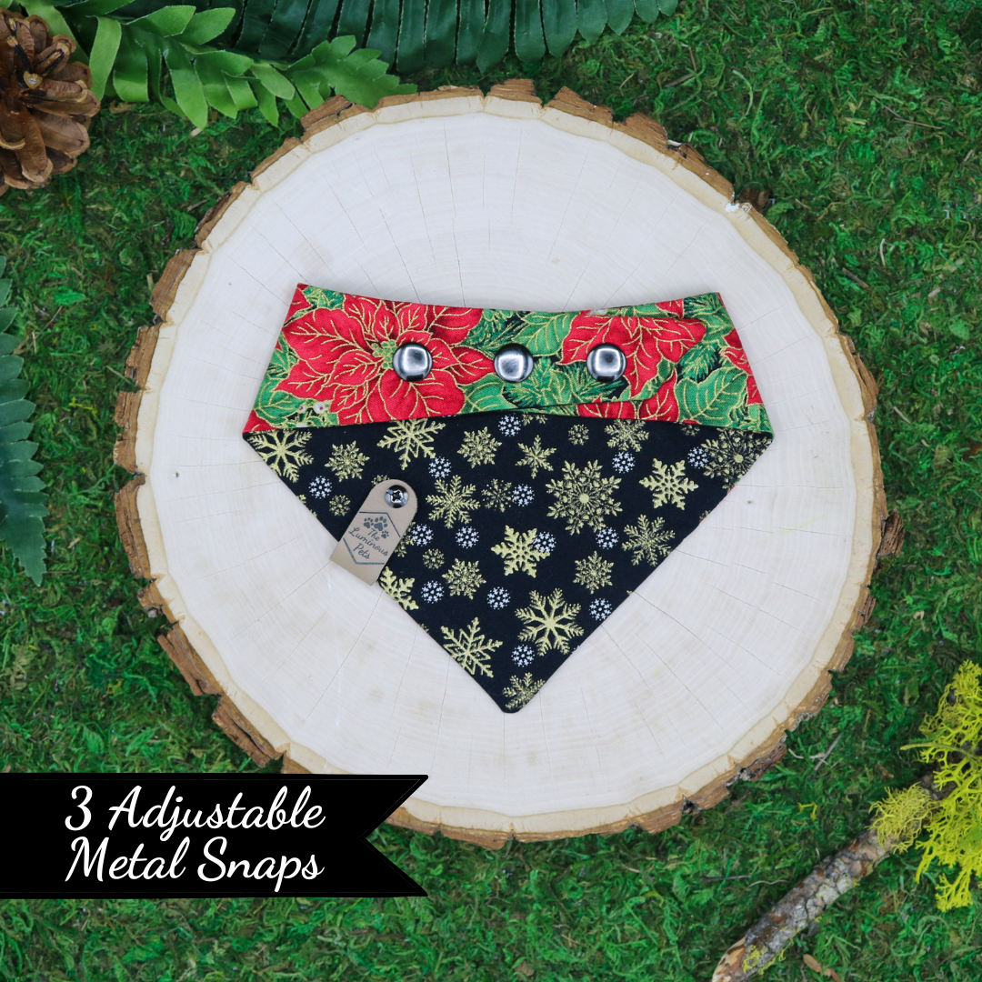 Reversible snap on pet bandanas by The Luminous Pets _ winter poinsettias and golden snowflakes