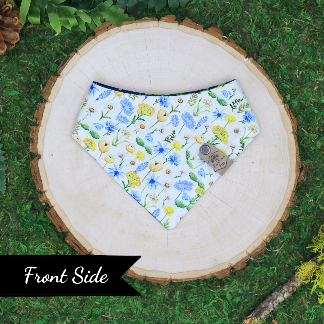 Reversible snap on pet bandana by The Luminous Pets | Mini summer flowers with lemon leaves