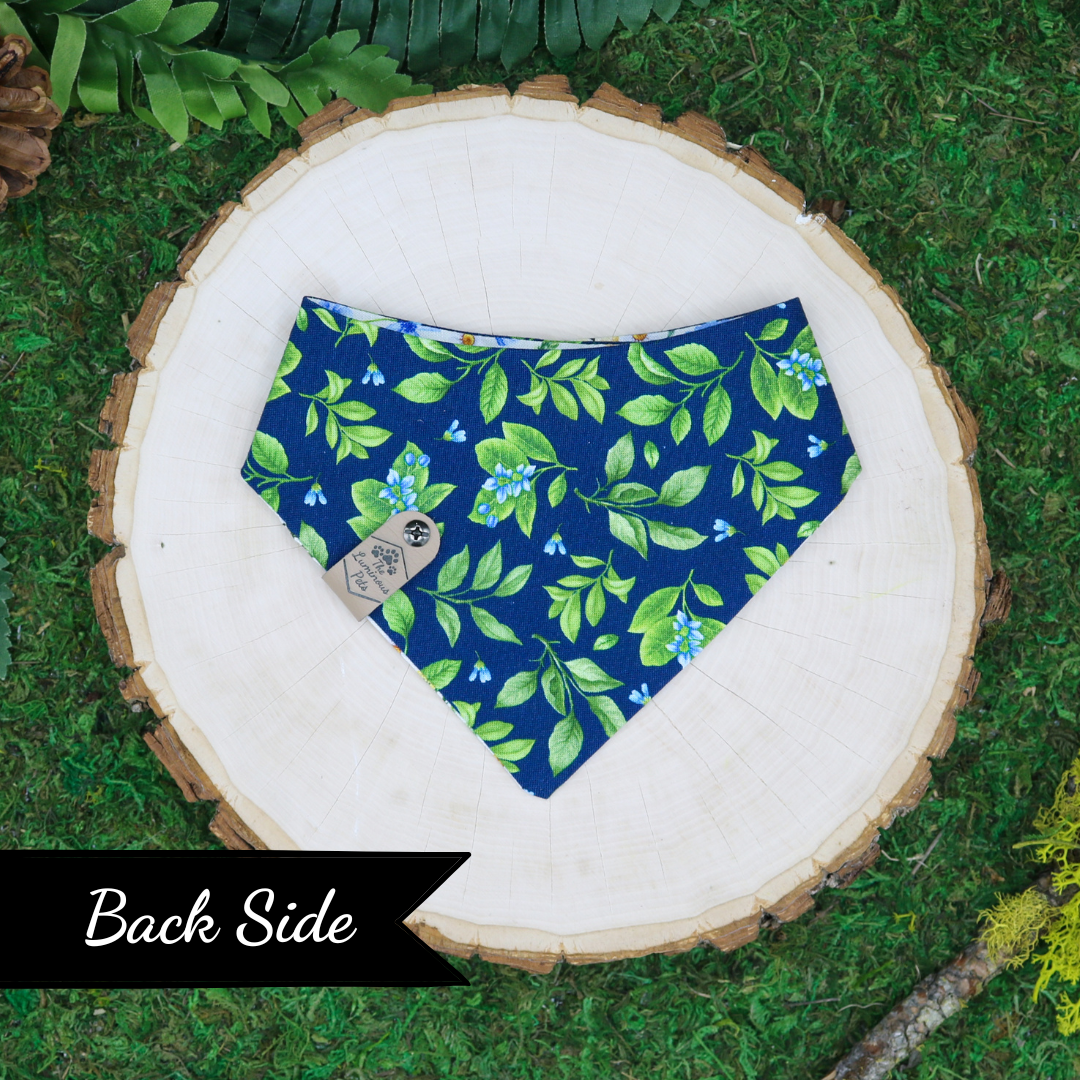 Reversible snap on pet bandana by The Luminous Pets | Mini summer flowers with lemon leaves