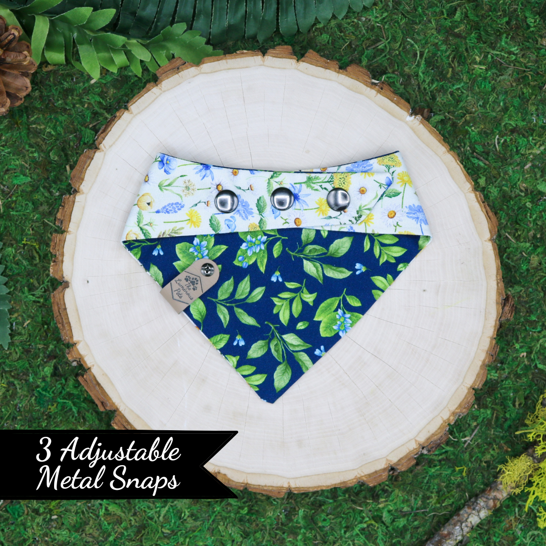 Reversible snap on pet bandana by The Luminous Pets | Mini summer flowers with lemon leaves