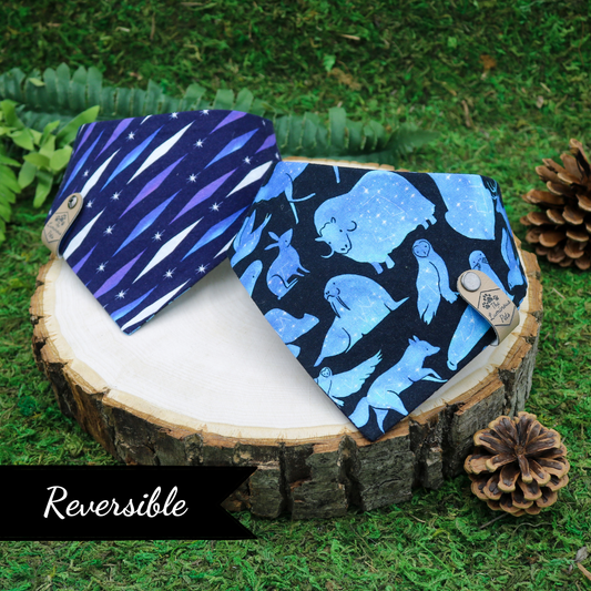Reversible bandana with metal snaps, design is celestial constellations of animals handmade by The Luminous Pets