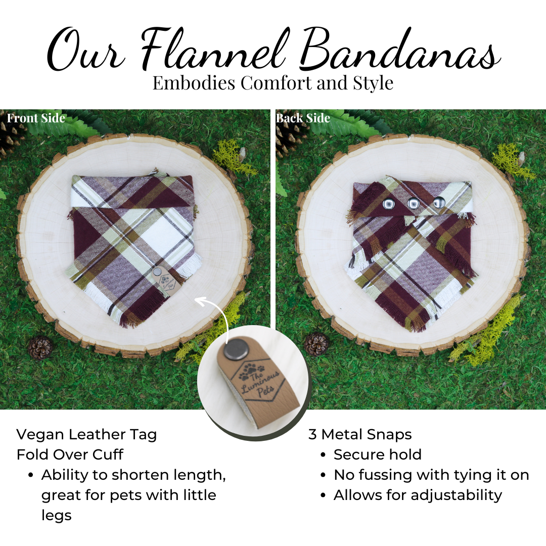 Red and gold plaid frayed snap on pet bandana by The Luminous Pets