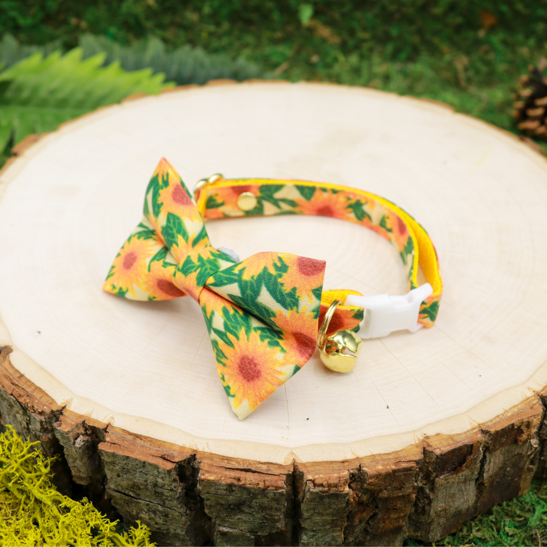 Sunflower Bow and Collar for Cat | Breakaway collar with adjustable sizing | Handmade by Made by Cleo in USA