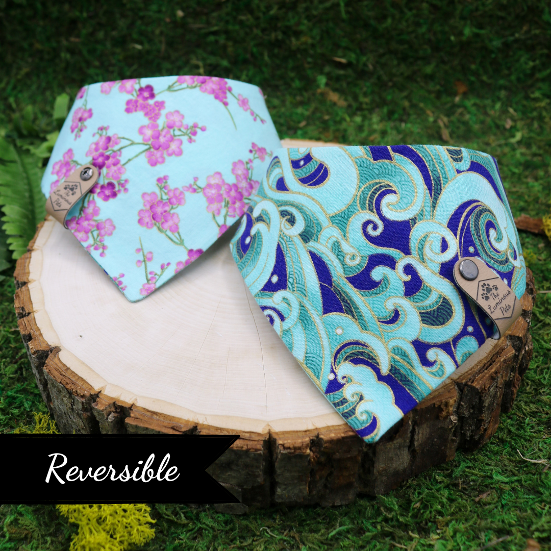 The Luminous Pets Snap on Bandana for cats and dogs with Ocean waves and cherry blossoms