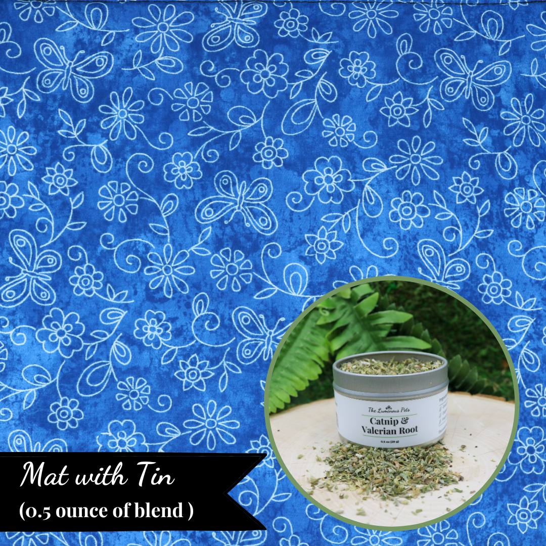 The Luminous Pets Refillable Catnip Mat with Flowers and butterflies on blue | Comes with to refillable pouches of catnip and valerian root