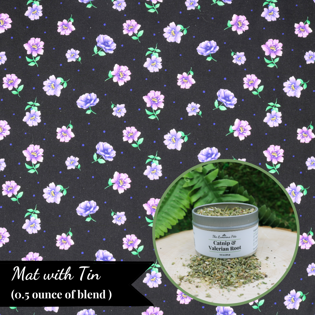 The Luminous Pets Refillable Catnip Mat with purple dahlias