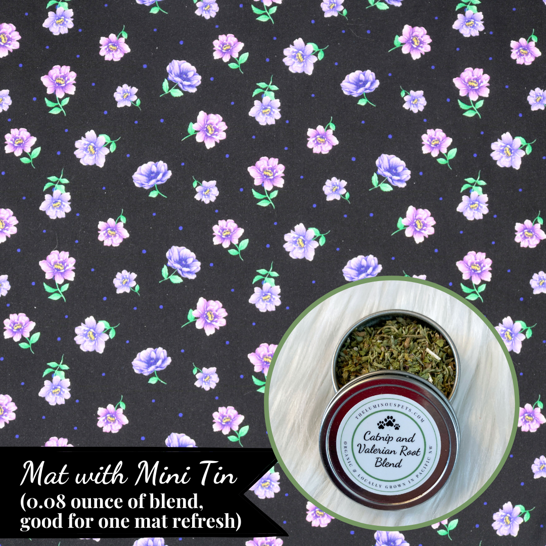 The Luminous Pets Refillable Catnip Mat with purple dahlias