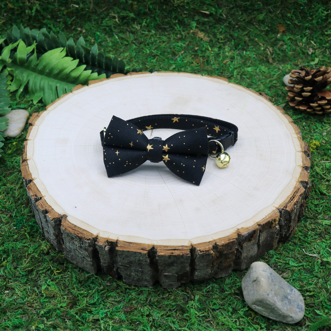 black and gold stars cat bow tie and breakaway cat collar Made by Cleo