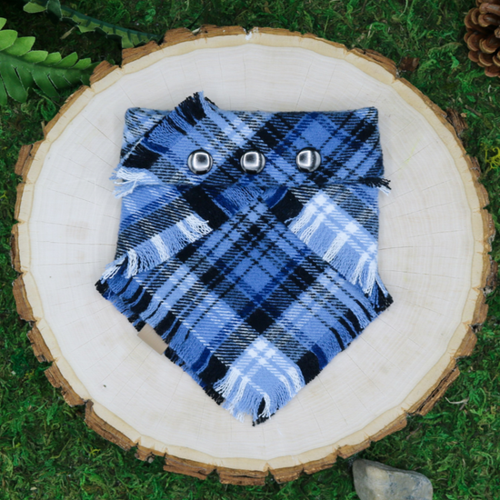 Blue plaid frayed snap on pet bandana | Handmade for cats and dogs by The Luminous Pets
