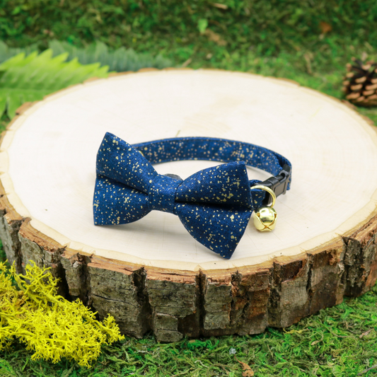 Navy Blue with gold speckles cat bow and breakaway cat collar | Handmade by Made by Cleo, USA