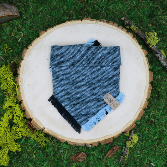 Snap on bandana with blue and black herringbone design | Handmade by The Luminous Pets in Portland, Oregon