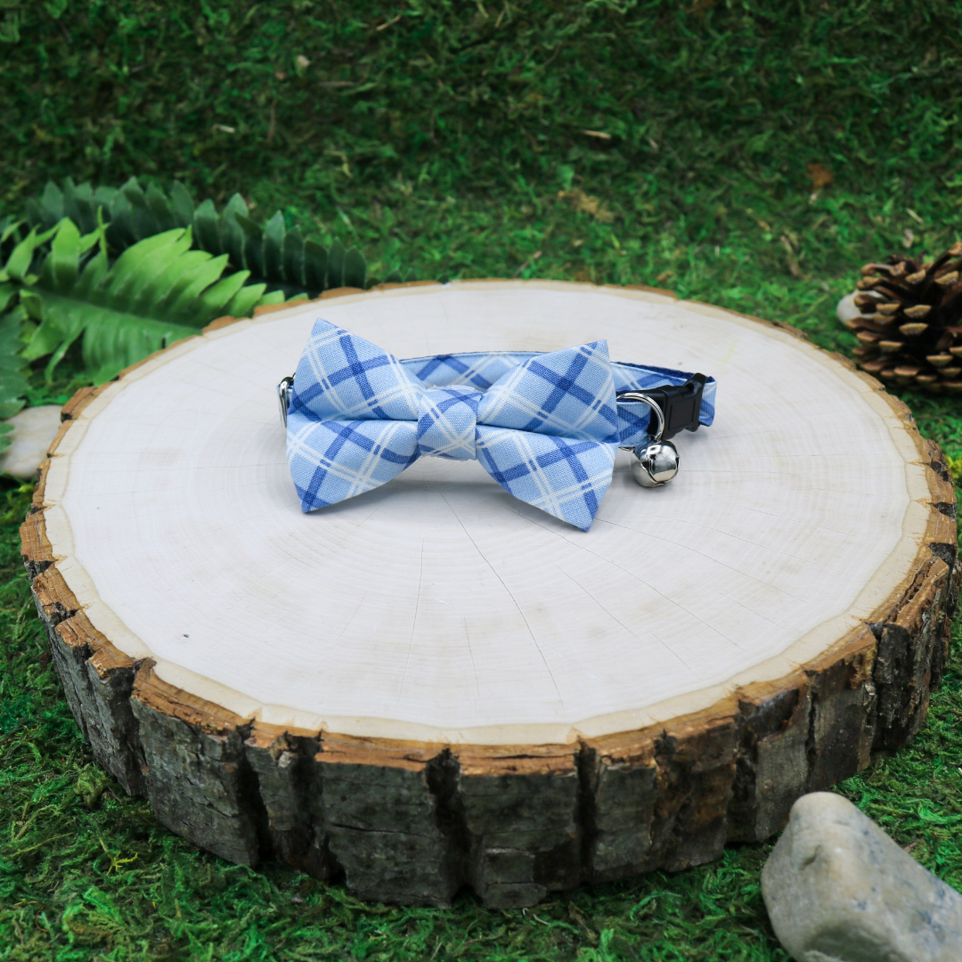 Blue and white plaid cat bow tie and breakaway cat collar Made by Cleo