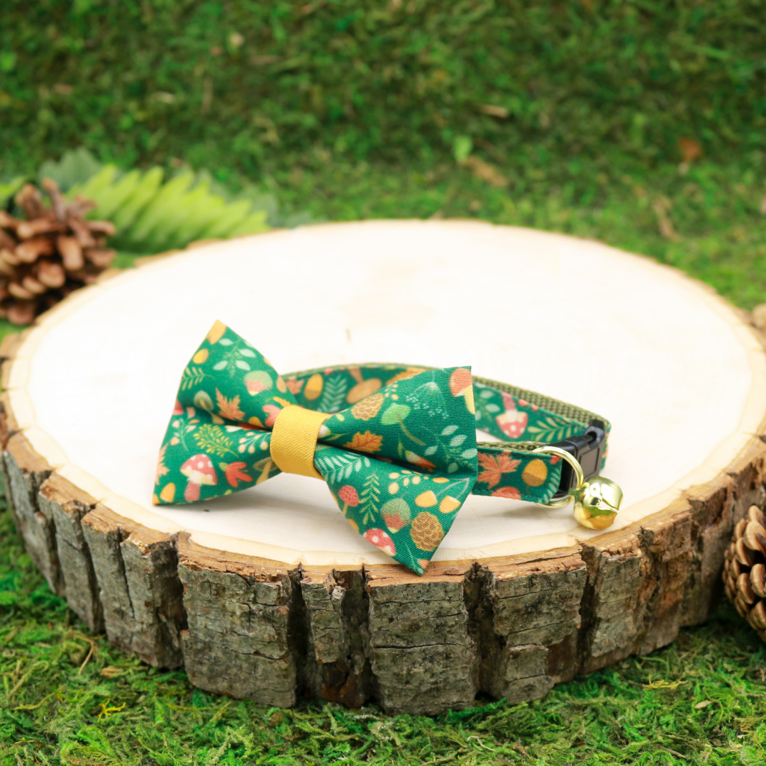 Cat bow and breakaway collar handmabe by Made by Cleo \ Forest Fantasy with Mushrooms