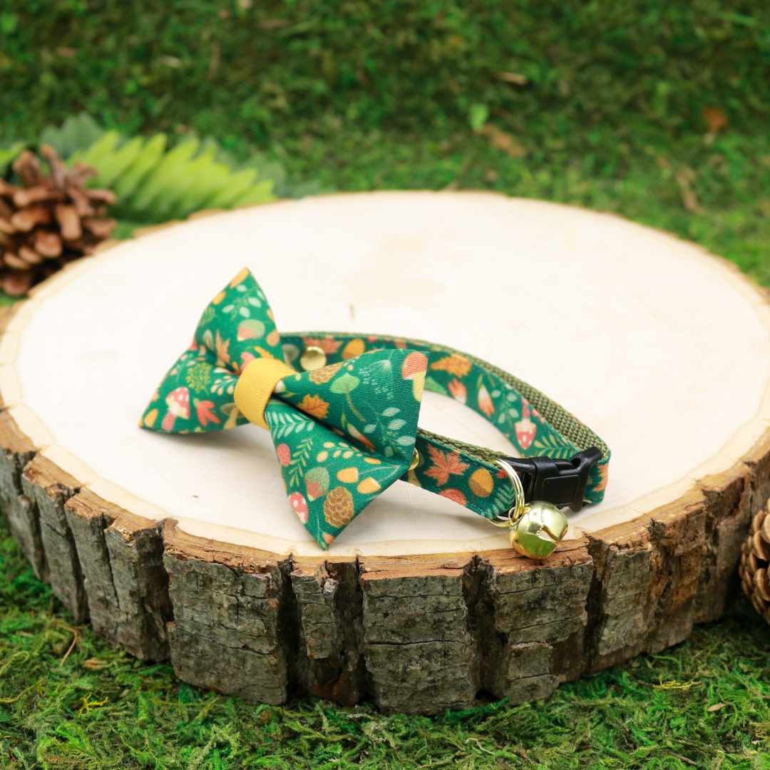 Cat bow and breakaway collar handmabe by Made by Cleo \ Forest Fantasy with Mushrooms