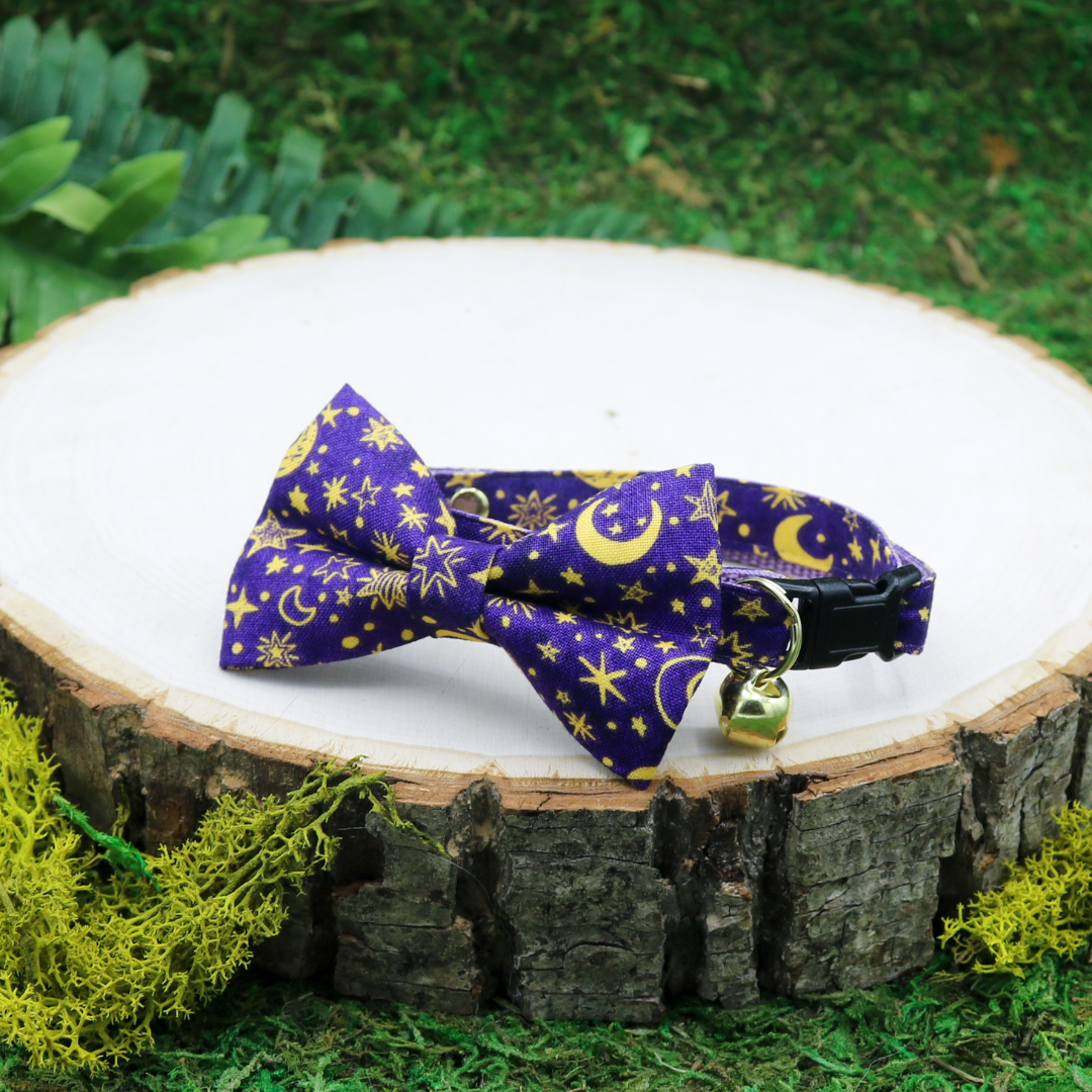 Made by Cleo Cat Collar and Bow Tie _ Moon and stars on purple