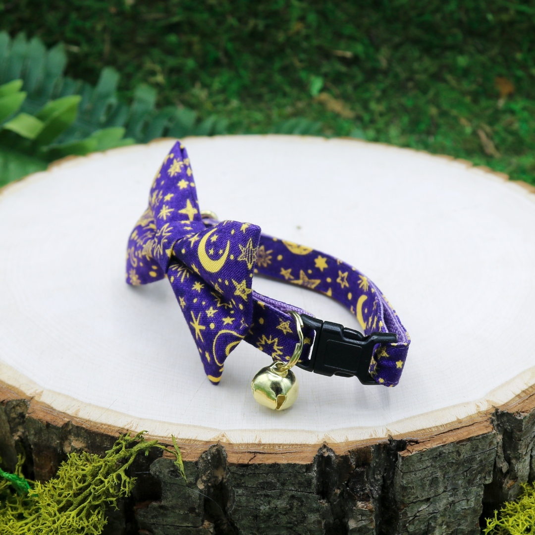 Made by Cleo Cat Collar and Bow Tie _ Moon and stars on purple