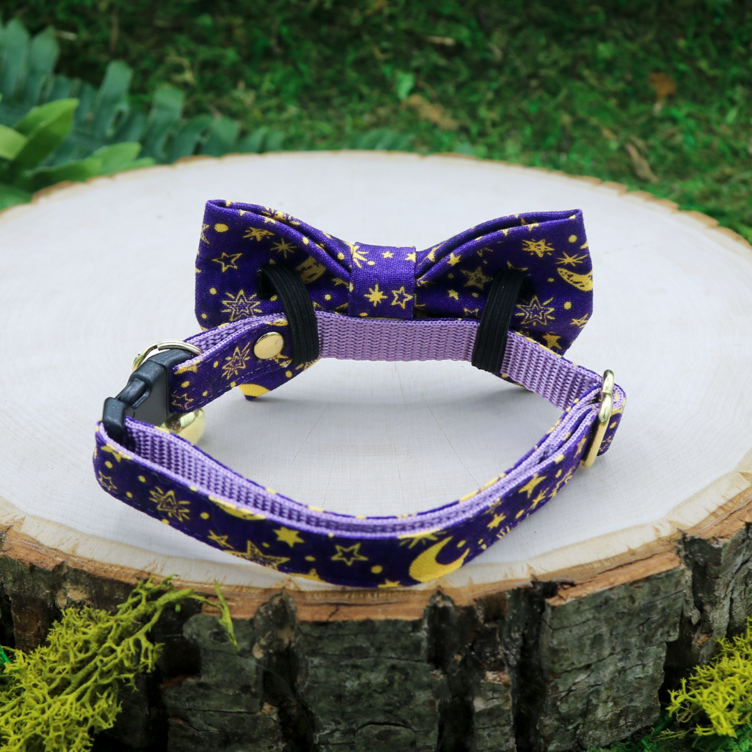 Made by Cleo Cat Collar and Bow Tie _ Moon and stars on purple