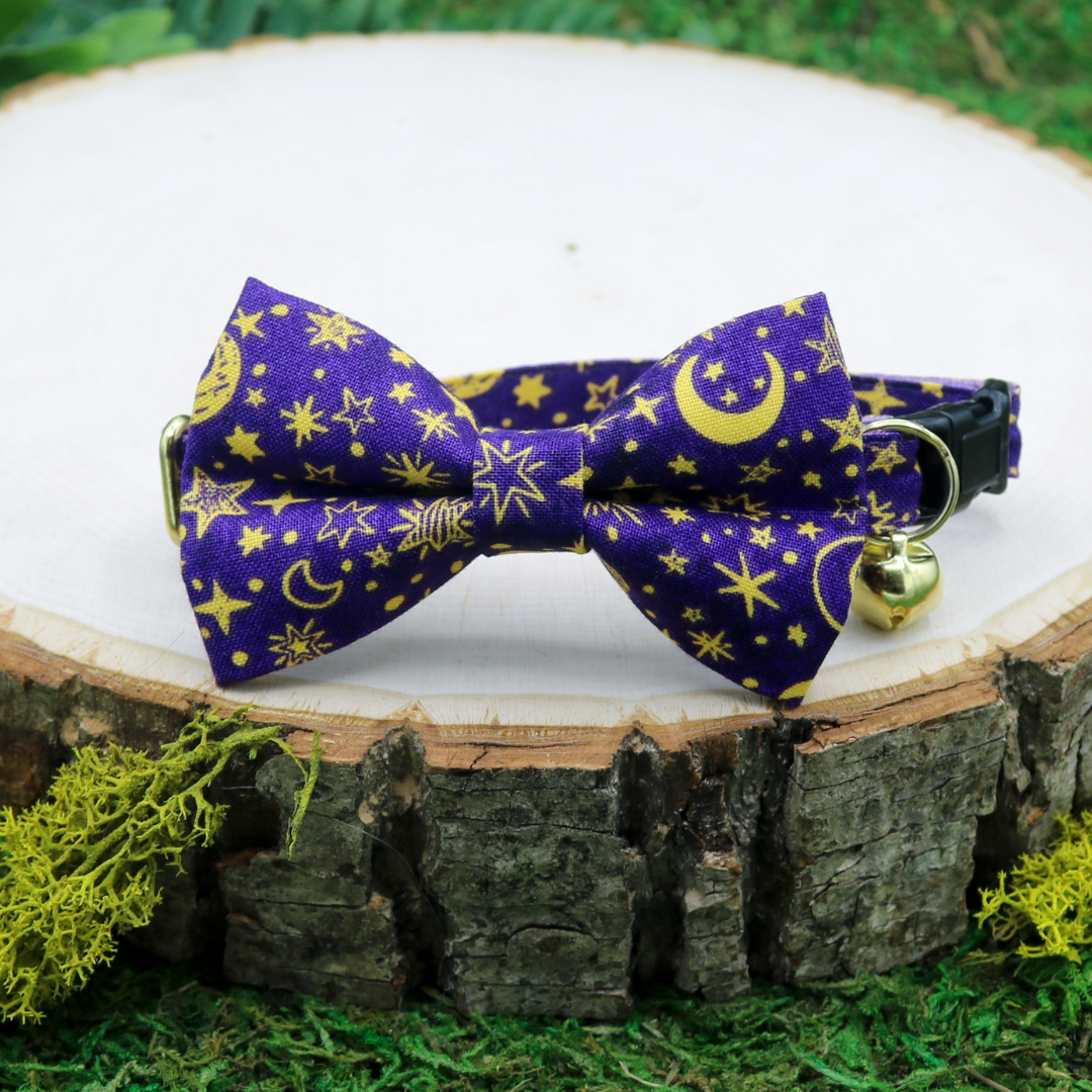 Made by Cleo Cat Collar and Bow Tie _ Moon and stars on purple
