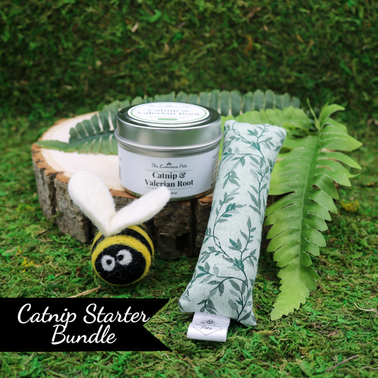 Catnip and Valerian Root Starter Bundle for Cats (Contains Catnip and Valerian Root Loose Leaf, 1 Small kicker toy and a wool bee sprayed with catnip)