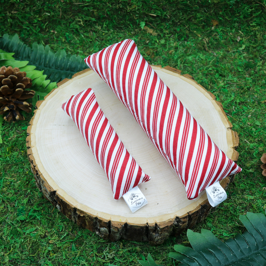 Organic catnip with valerian root cat toy kickers handmade by The Luminous Pets Candy Cane Stripes