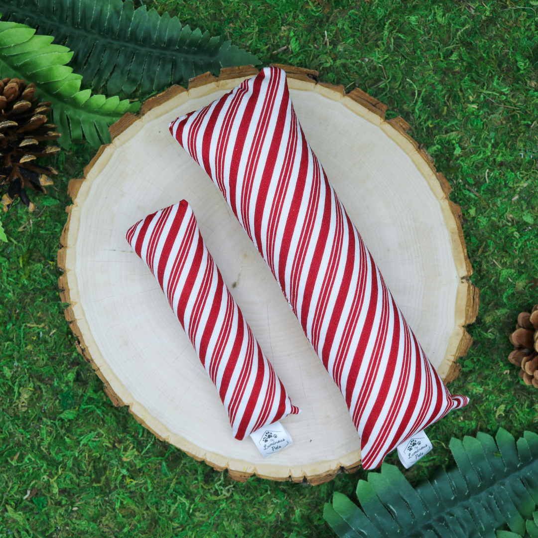 Organic catnip with valerian root cat toy kickers handmade by The Luminous Pets Candy Cane Stripes