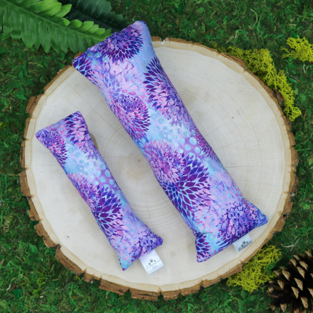 Catnip with valerian root cat toy by Luminous Pet _ purple mum flowers