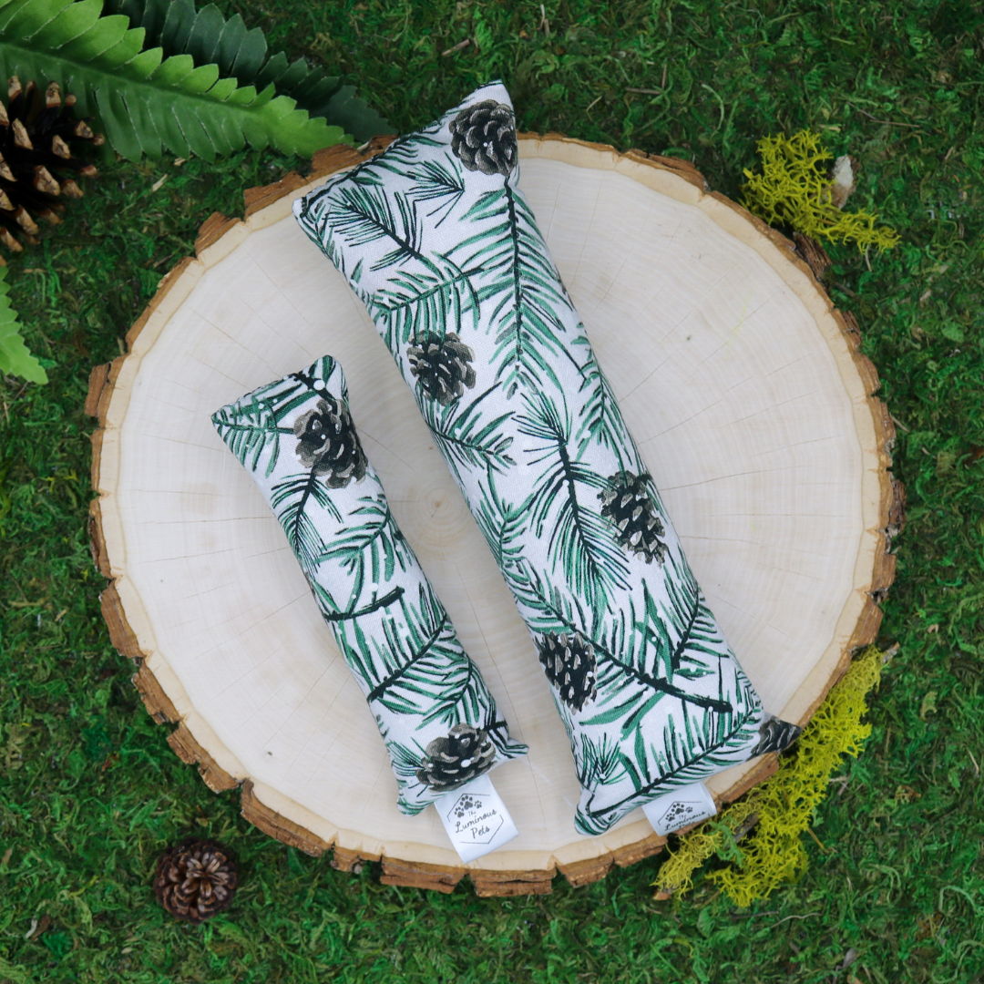 Organic catnip with valerian root cat toy kickers handmade by The Luminous Pets winter pine and pinecones