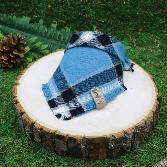 Frayed plaid snap on pet bandana by The Luminous Pets | Blue and black plaid 