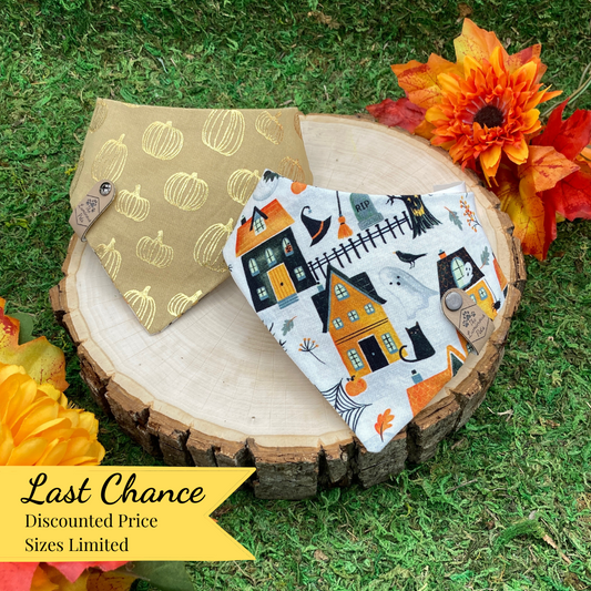 Halloween pet bandana with haunted house and metallic pumpkins Handmade by The Luminous Pets | Snap on style