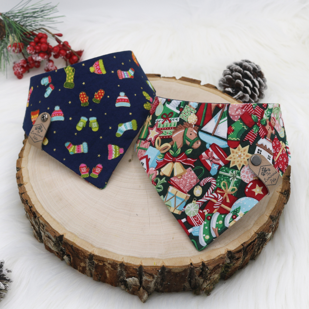 Holiday toy shop reversible pet bandana handmade by The Luminous Pets in Portland, Oregon