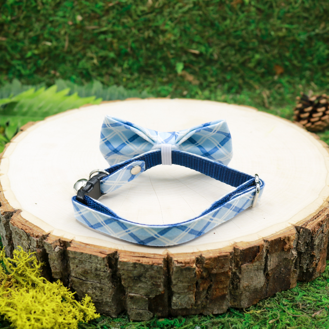 Light blue plaid cat bow and breakaway cat collar Handmade by Made by Cleo, USA