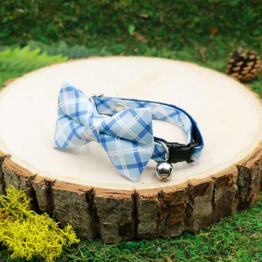 Light blue plaid cat bow and breakaway cat collar Handmade by Made by Cleo, USA