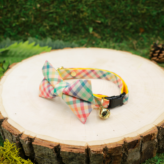 Light rainbow plaid cat bow and breakaway cat collar by Made by Cleo, USA