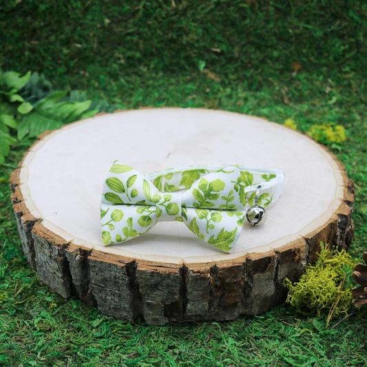 Made by Cleo Bow tie and collar for cats _ Herb Garden Green and White