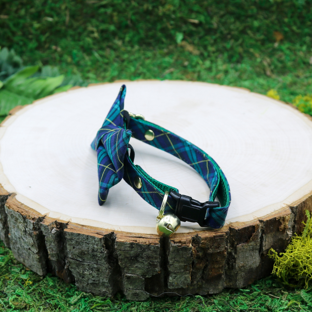 Made by Cleo cat bow tie and breakaway collar - Hunter Green and blue plaid 