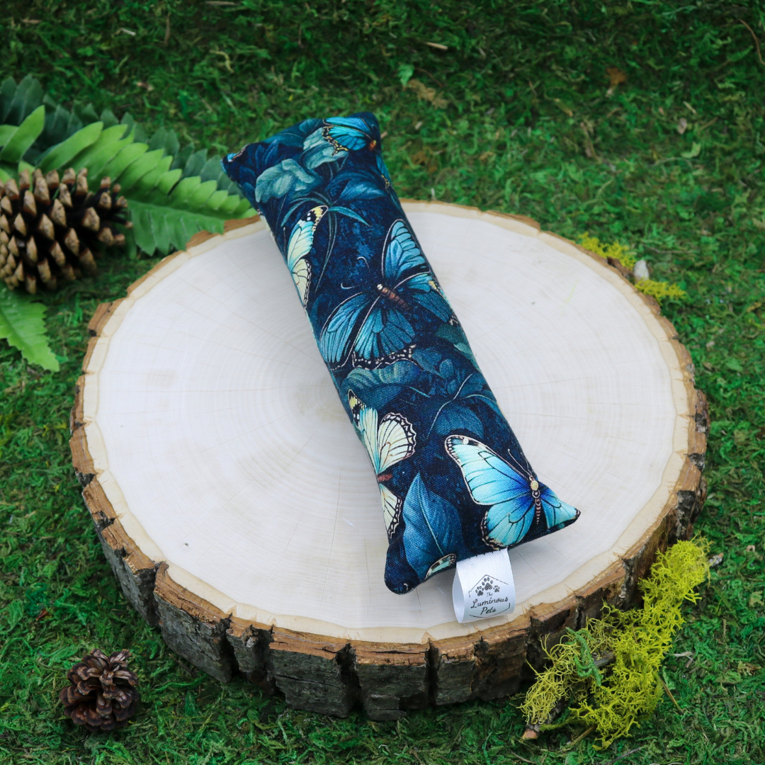 Teal blue butterfly cat toy with organic catnip and valerian root handmade by The Luminous Pets