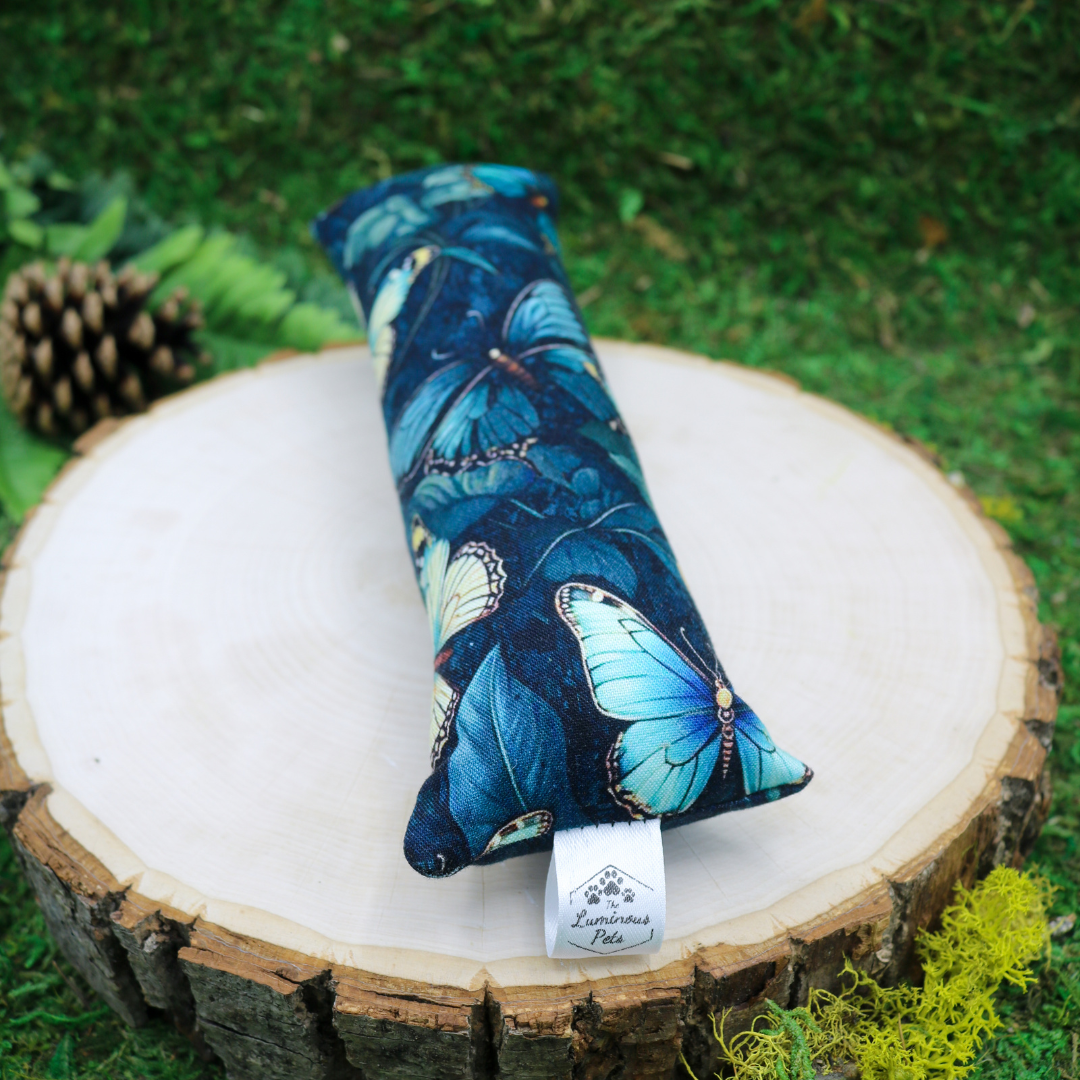 Teal blue butterfly cat toy with organic catnip and valerian root handmade by The Luminous Pets
