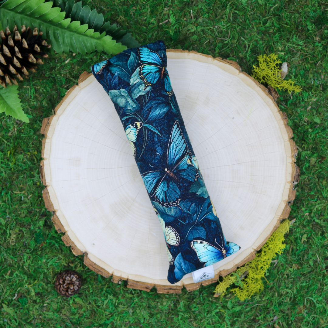 Teal blue butterfly cat toy with organic catnip and valerian root handmade by The Luminous Pets