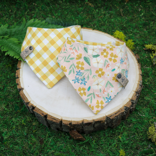 Spring Floral and Yellow Gingham Pet Bandana | Snap on bandanas made by The Luminous Pets