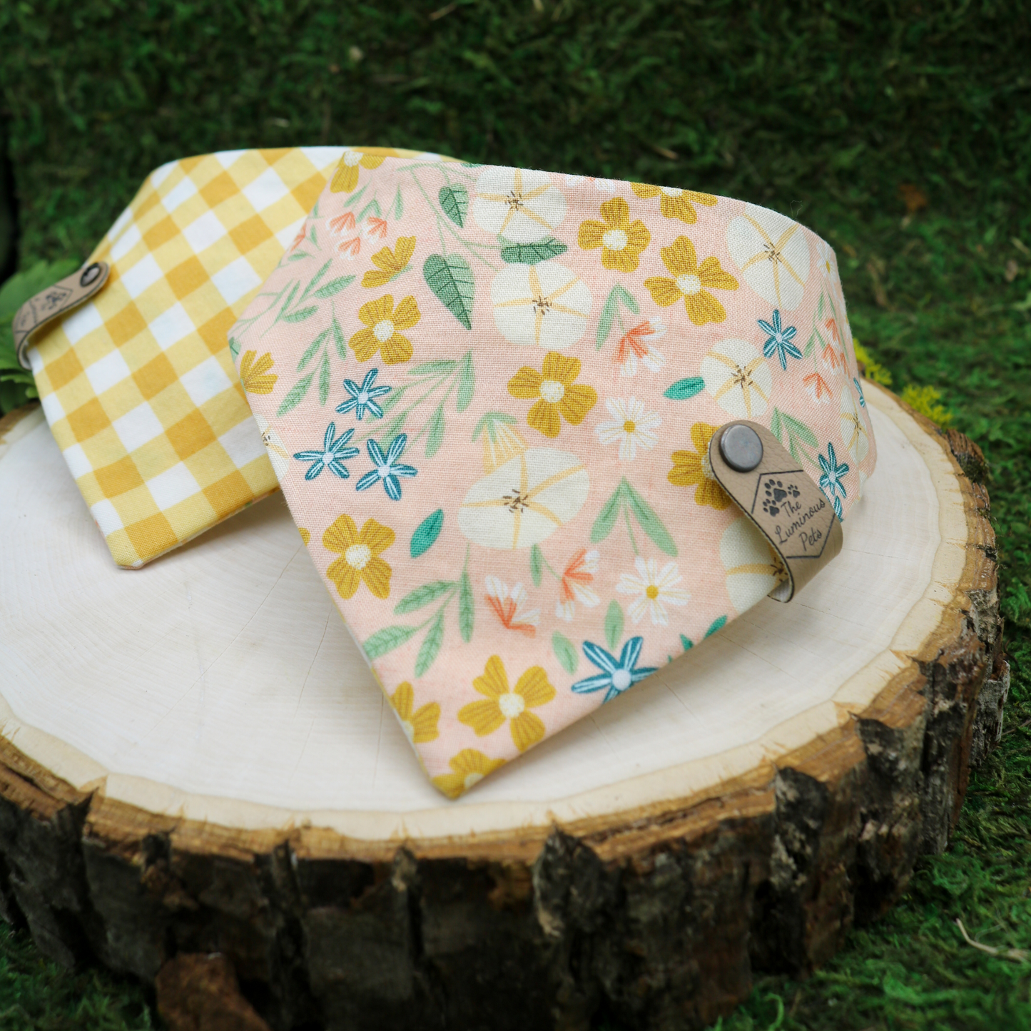 Pink spring and yellow gingham snap on bandanas by The Luminous Pets for cats and dogs