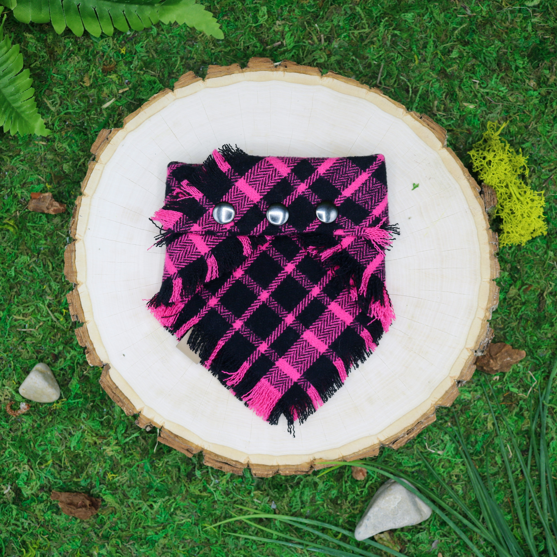 Snap on pet bandanas by The Luminous Pets, Pink and Black Plaid Frayed Flannel