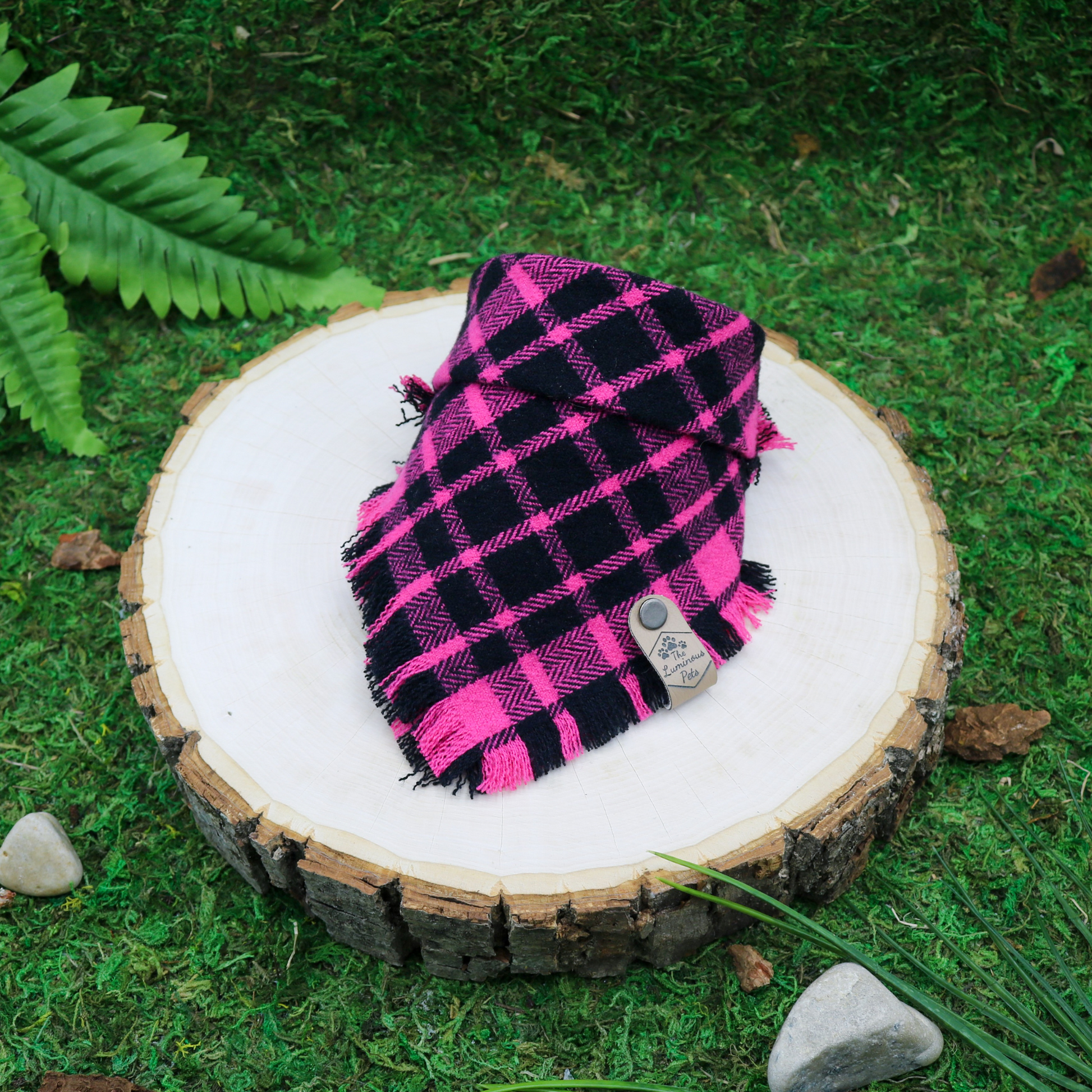 Pink and black flannel pet bandana for cats and dogs | Handmade by The Luminous Pets in Portland, Or