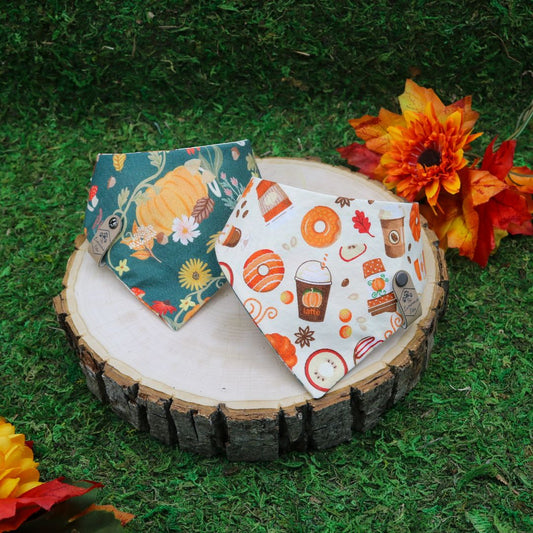 Pumpkin spice latte pet bandana with snap on and reversible design handmade by The Luminous Pets