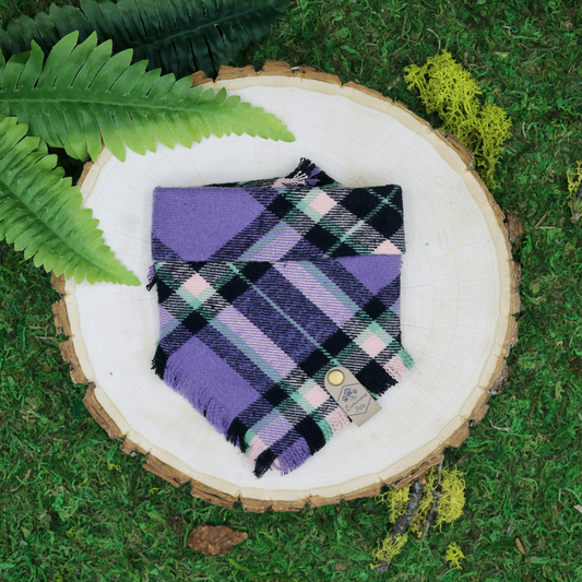 Purple, pink, green and black plaid pet bandana | Snap on bandana for cats and dogs by The Luminous Pets