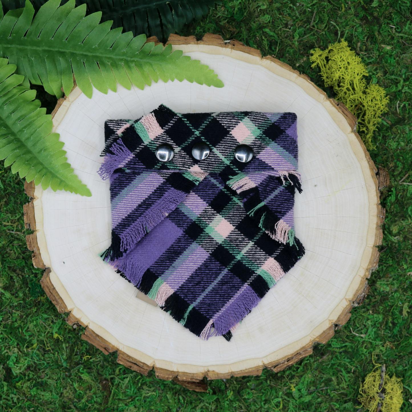 Purple, pink, green and black plaid pet bandana | Snap on bandana for cats and dogs by The Luminous Pets