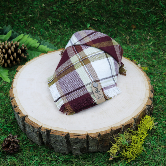 Red and gold plaid frayed snap on pet bandana by The Luminous Pets