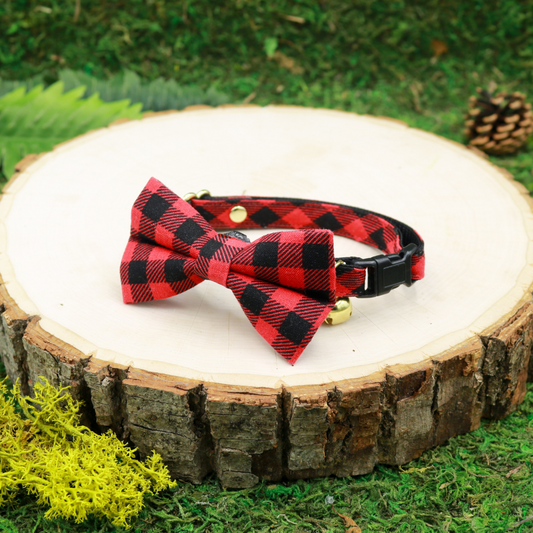 Red and Black Checkered (Buffalo Plaid) Cat Bow and Breakaway cat collar made by Made by Cleo USA
