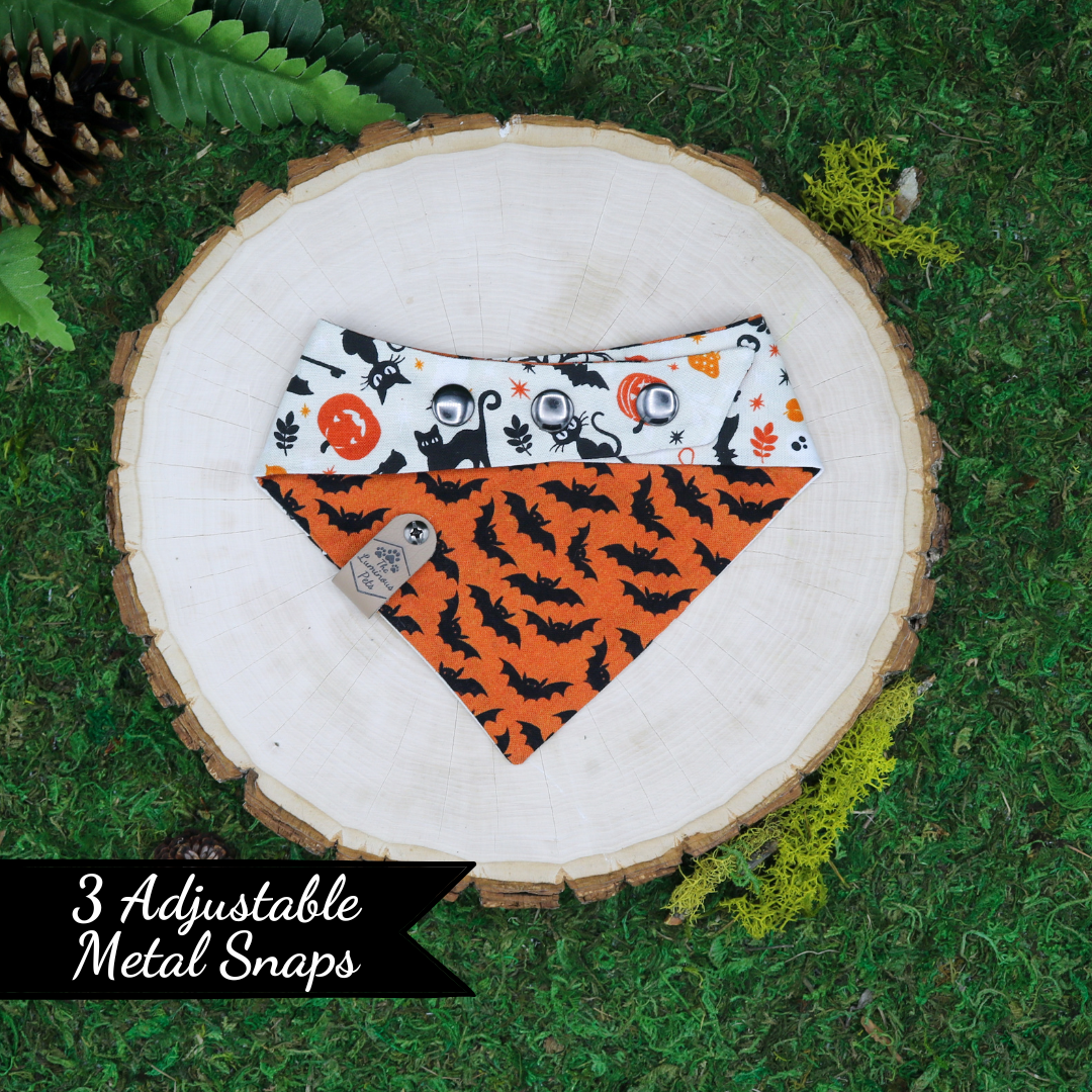 Reversible Halloween-themed pet bandanas  with bats and Halloween icons by The Luminous Pets